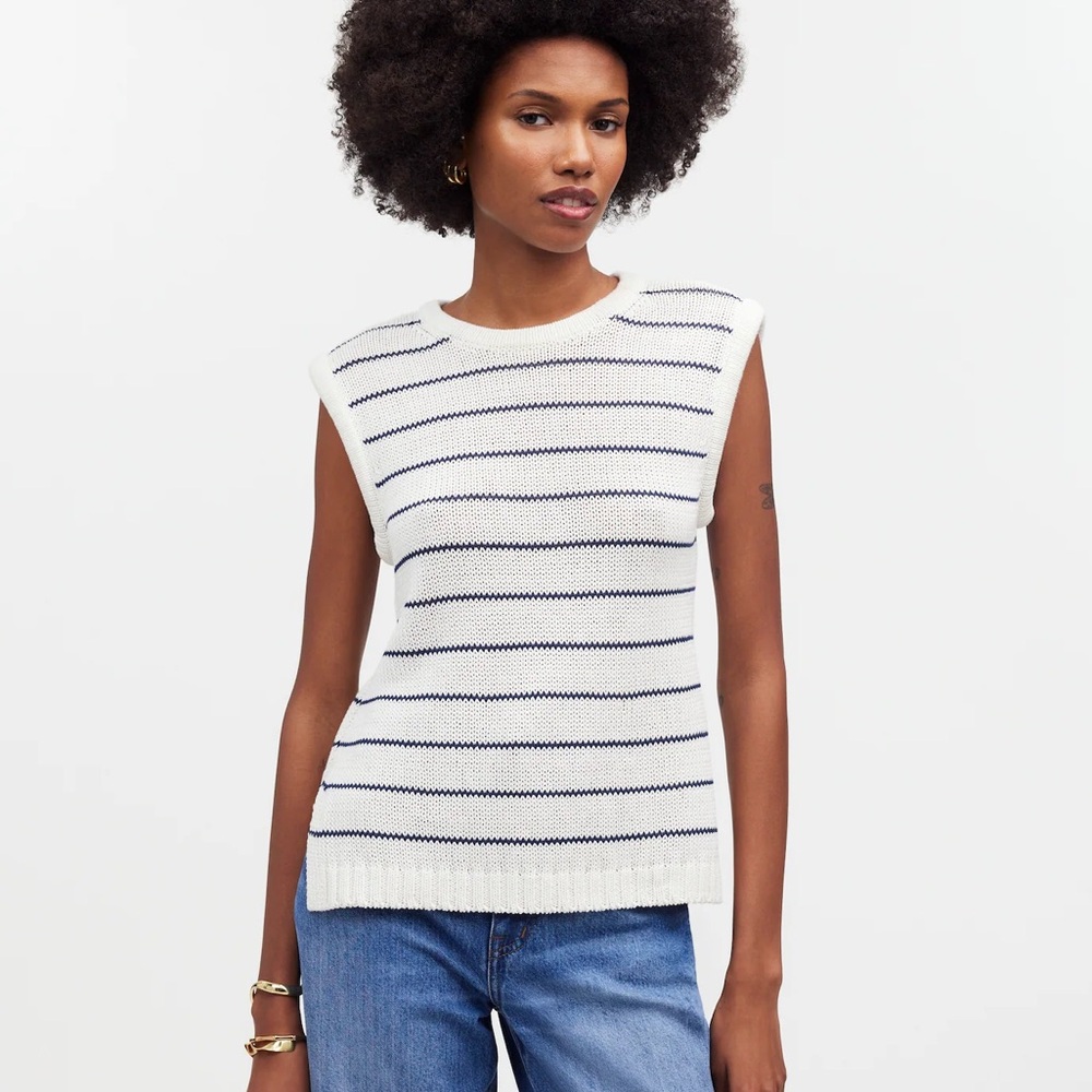 Madewell Puff-Trim Sweater Vest in Stripe Bright Ivory Size XXS NWT